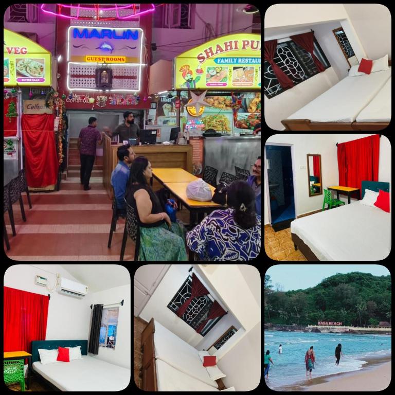 a collage of photos of a resort with beds at Marlin Beachway Rooms- Baga Beach in Baga