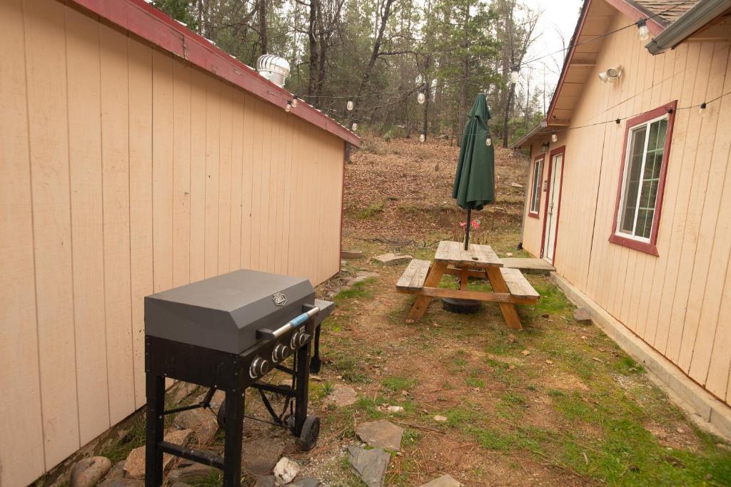 a grill and a picnic table next to a building at Yosemite Gateway home in Groveland in Groveland
