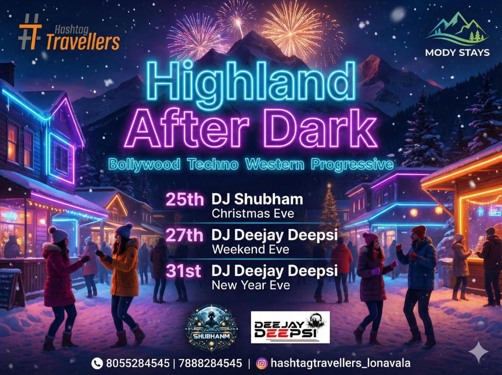 ein Flyer für eine Weihnachtsfeier im Highland After Dark in der Unterkunft Hashtag Travellers By Mody Stays in Lonavla
