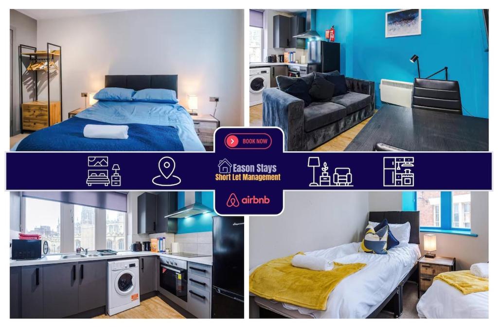 een collage van foto's van een slaapkamer en een woonkamer bij Two BDR Apt By Eason Stays Short Lets Wigan in Wigan