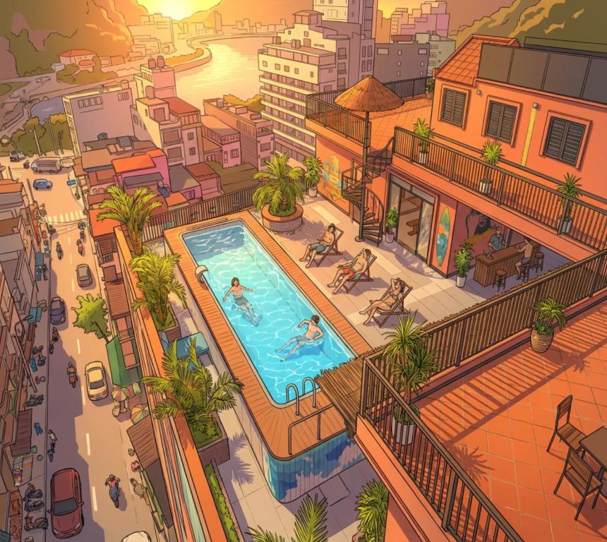 een illustratie van een stad met een zwembad bij V Fleurs Hotel Cat Ba in Cat Ba