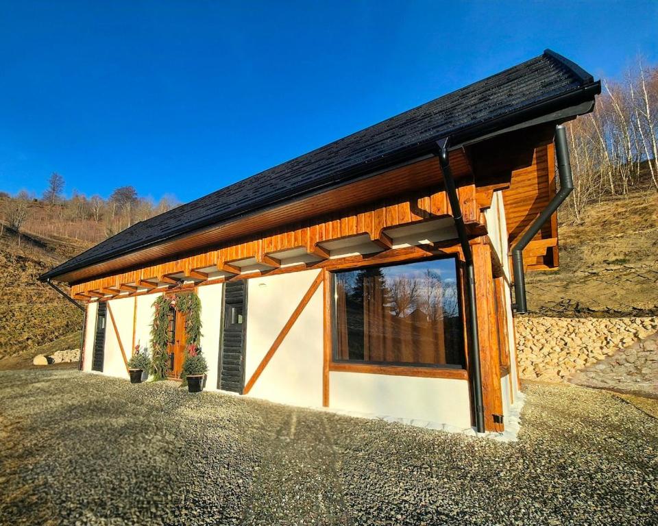 een klein huisje met een zwart dak bij The White House in Şirnea