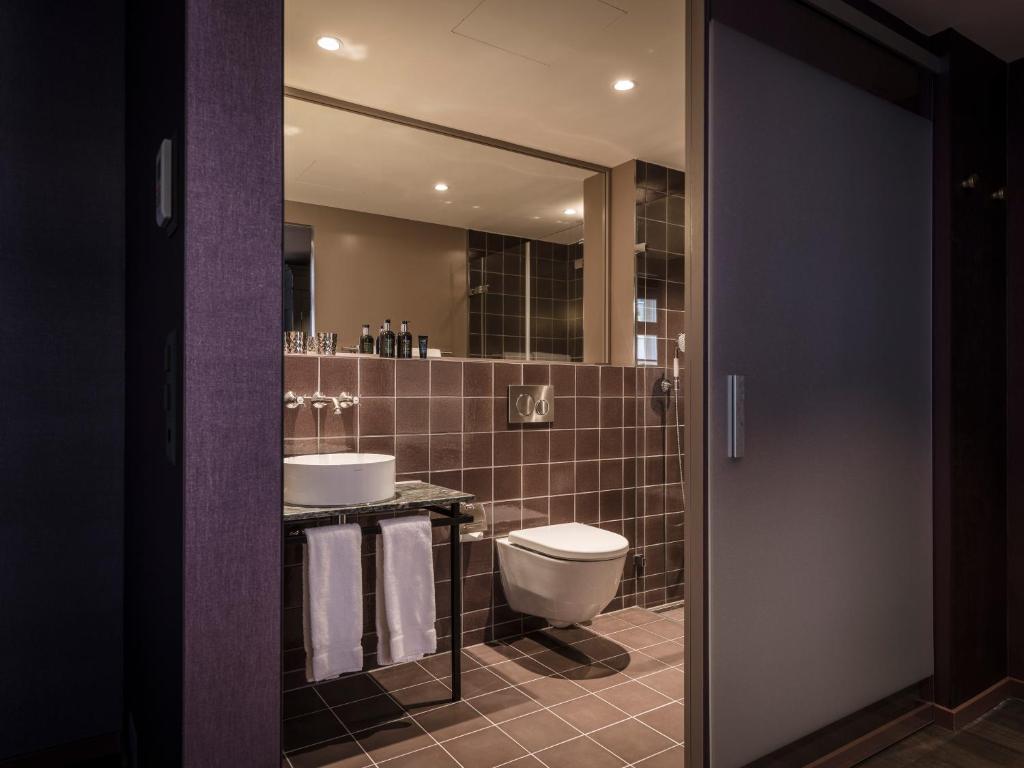 a bathroom with a toilet and a sink at Boutique Hotel Spedition a member of DESIGN HOTELS in Thun