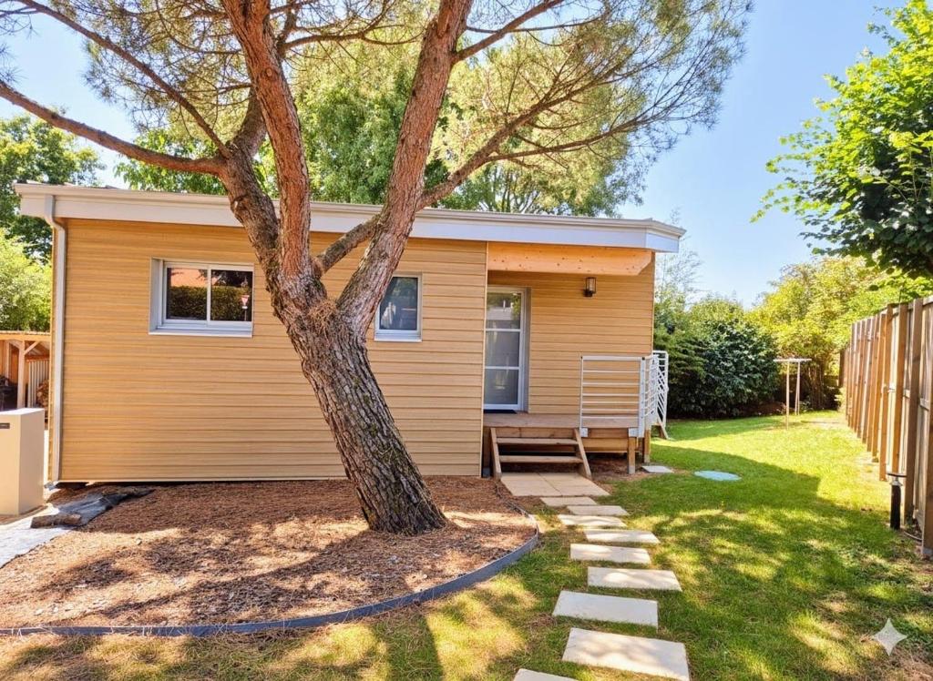 a small yellow house with a tree in the yard at Cottage Les Ormeaux - à 13 minutes du Puy du Fou in Les Herbiers