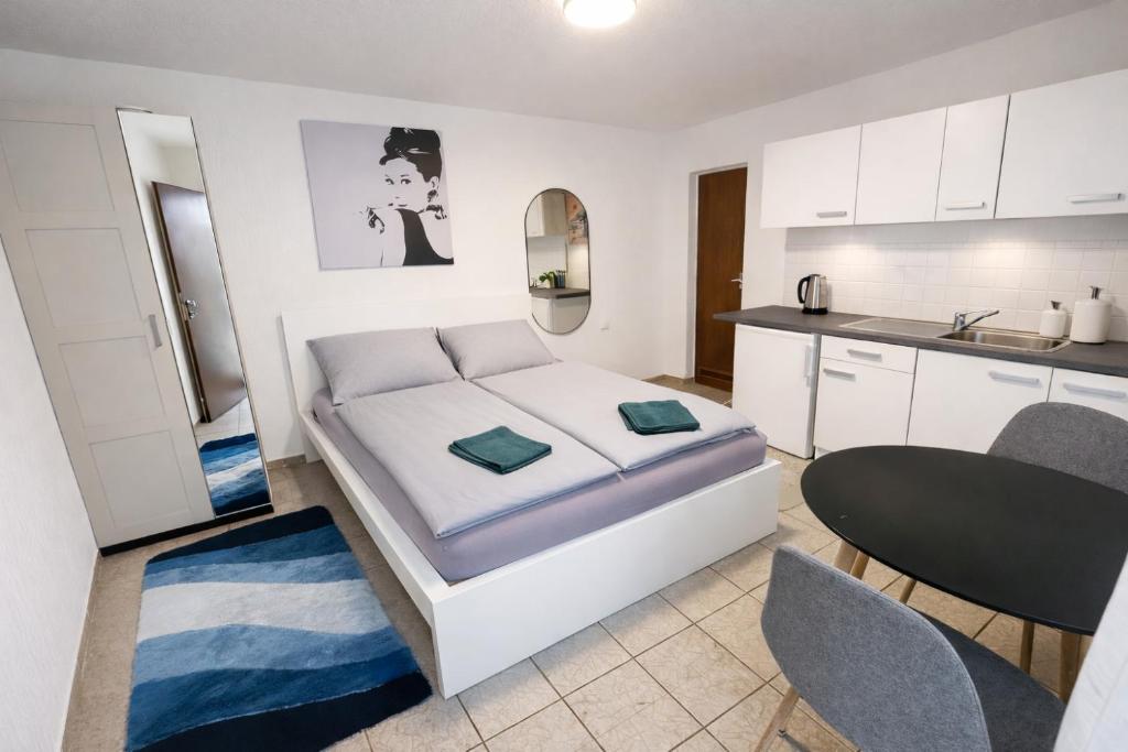 una piccola camera da letto con un letto e una cucina di Kleines Apartment mit Doppelbett a Coblenza