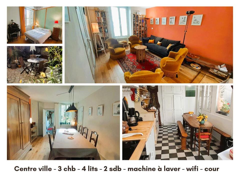 eine Collage mit Bildern eines Wohnzimmers und eines Wohnzimmers in der Unterkunft Maison 7 pers coeur de chtx cour wifi in Châteauroux