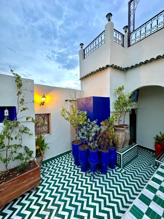 a patio with blue potted plants in a house at Dar Tagore in Fez