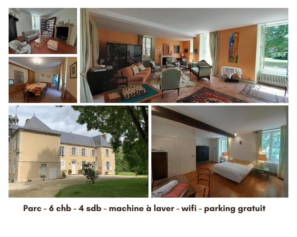 un collage di quattro foto di una casa di Demeure de caractère et son parc 12pers a Meunet-sur-Vatan
