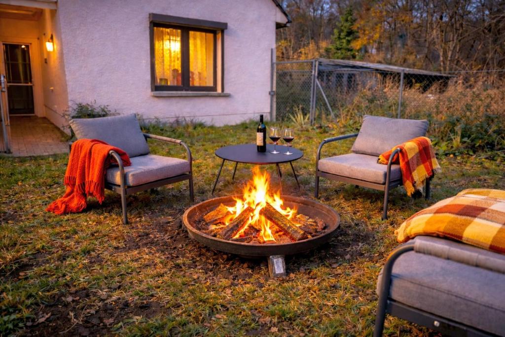 un focolare in un cortile con due sedie e un tavolo di Landhaus Ruheoase - dennoch mittendrin - Natur, Städte & Harz 