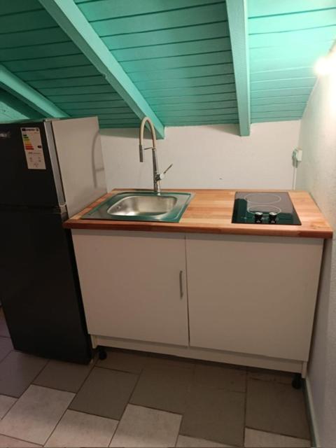 a kitchen with a sink and a refrigerator at Le Naturel in Vidon