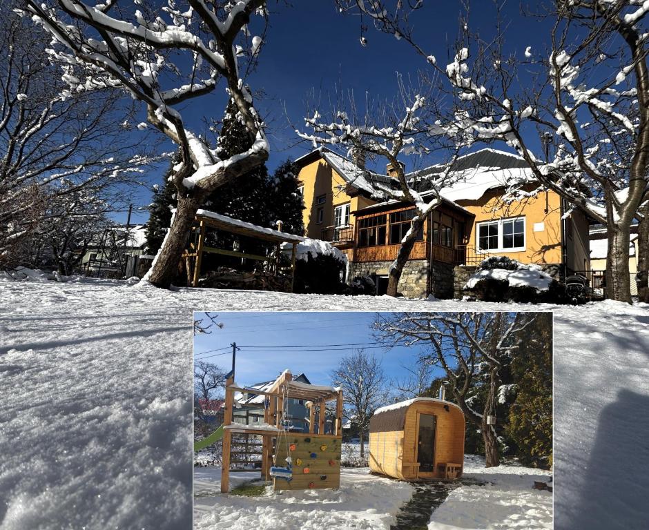 twee foto's van een huis in de sneeuw bij Lipoffka in Lipova Lazne