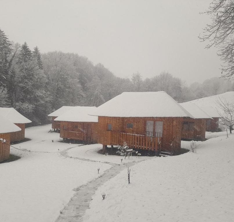 a snow covered log cabin with snow on the roof at Glamping Bionic healing village in Slovenska Bistrica