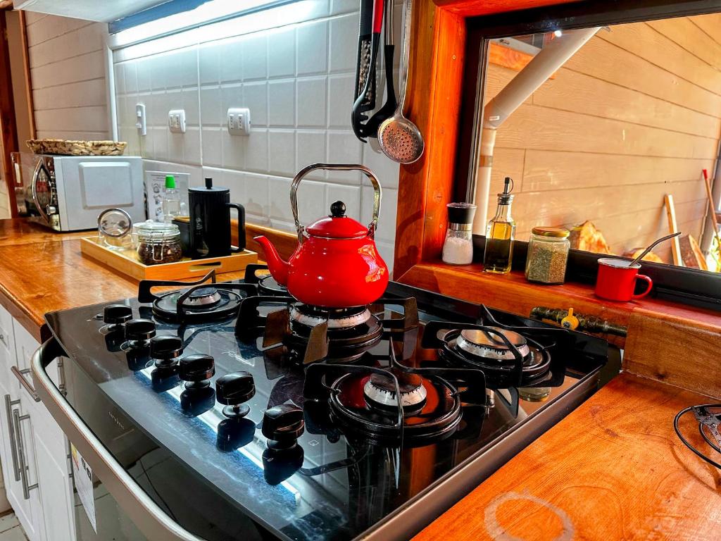 een rode theepot op een fornuis in een keuken bij Cabañas Alto del Bosque in Coñaripe