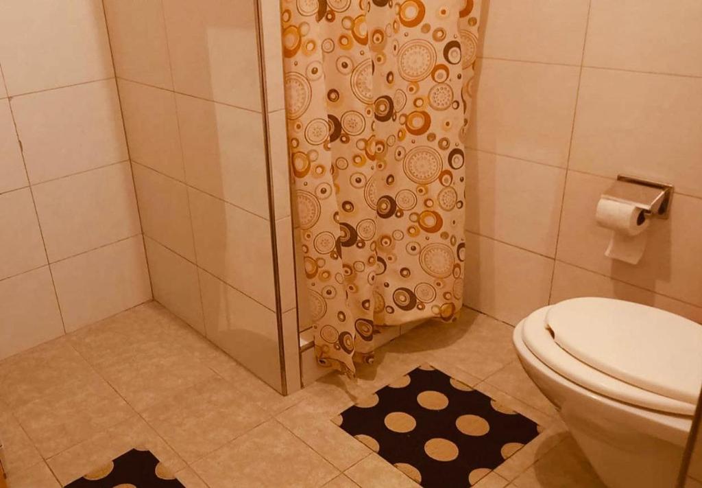 een badkamer met een douche, een toilet en een douchegordijn bij napartmentss in Pristina