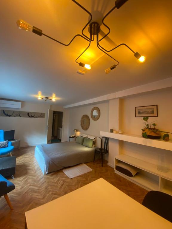 een slaapkamer met een bed en een woonkamer bij Studio central airco et local vélo in Huy