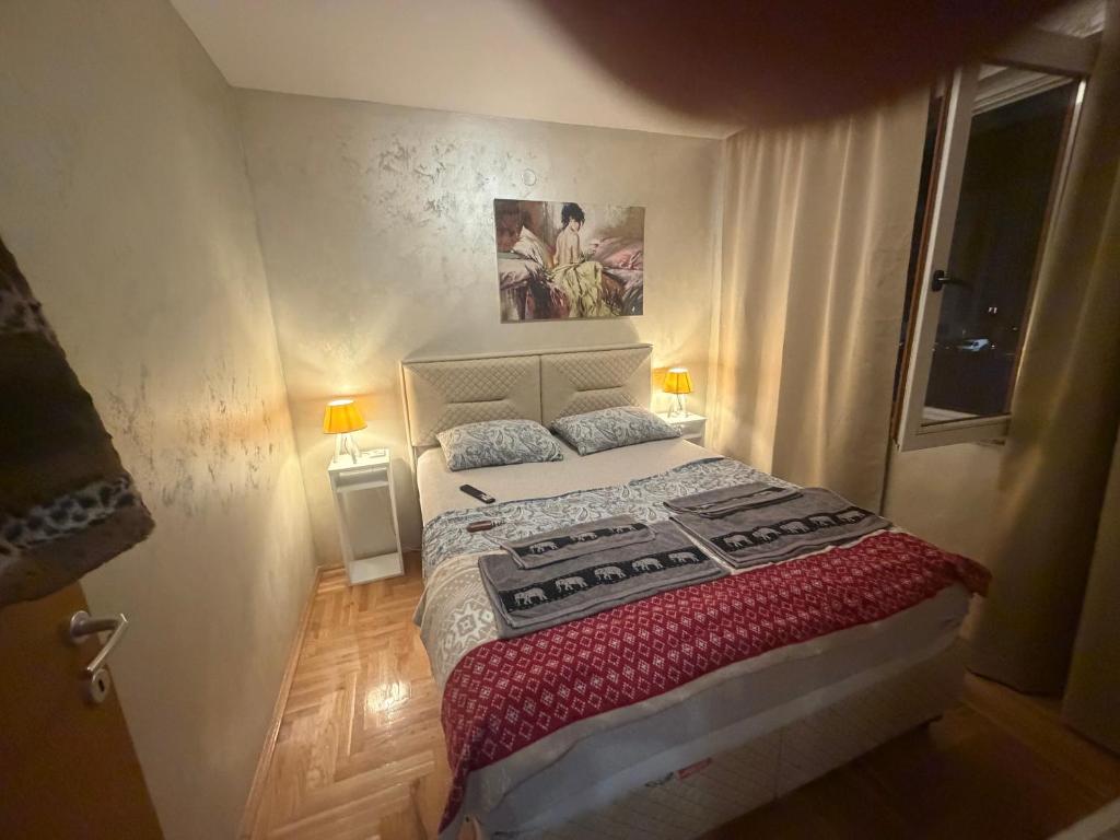 een slaapkamer met een bed en een schilderij aan de muur bij Apartman S&V 2 Istocno Sarajevo Lukavica sa Jacuzzi Lux Spa Hilandarska Centar in Lukavica