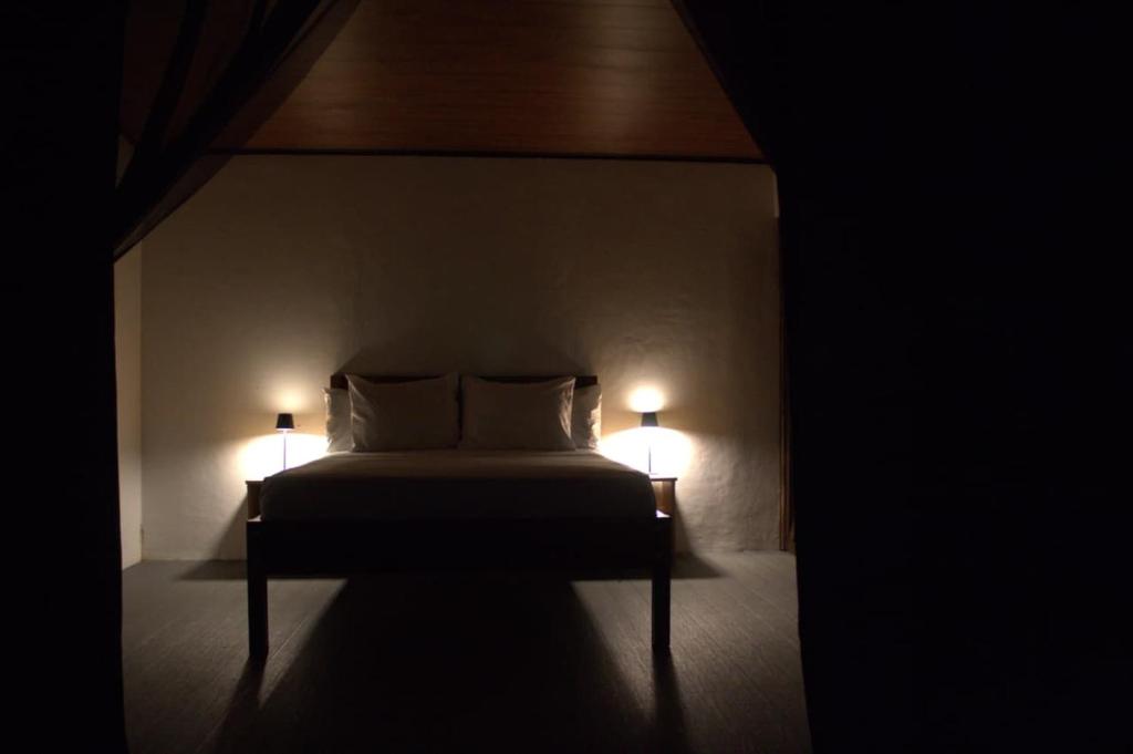 een slaapkamer met een bed met twee verlichting bij Village Río Celeste, Eco Lodge and Tours in Rio Celeste