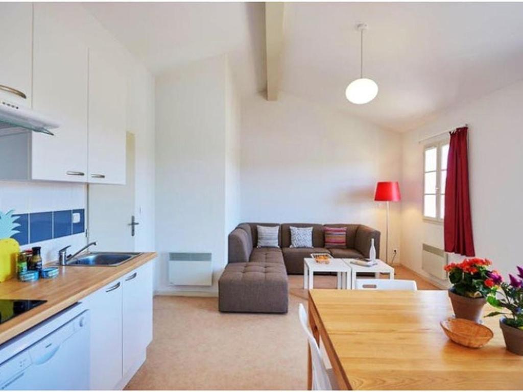 eine Küche und ein Wohnzimmer mit einem Sofa in der Unterkunft Maison avec Terrasse, 2 Chambres, 4 Pers. - API-1-52-1368 in Carla-Bayle