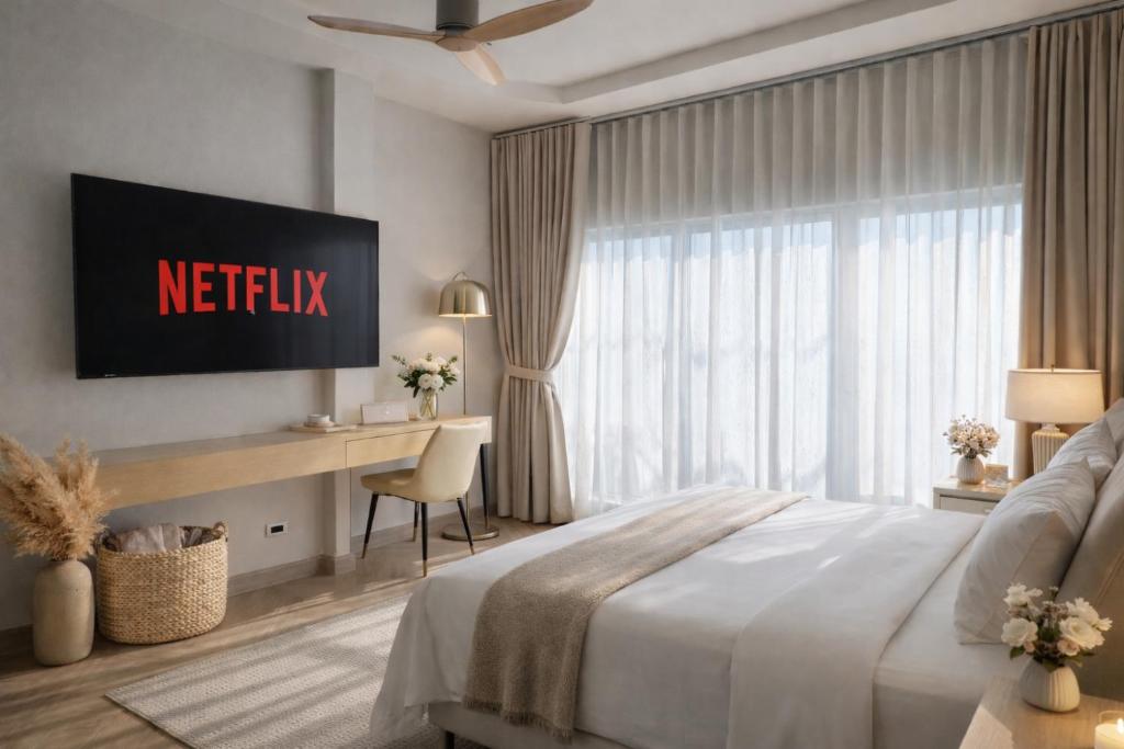 a bedroom with a netflix sign on the wall at The Escape Kamala in Kamala Beach