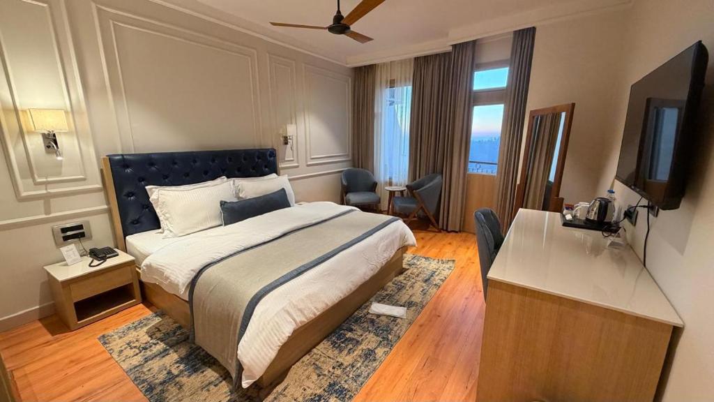 een hotelkamer met een bed en een televisie bij Hotel M AND RESORT in McLeod Ganj