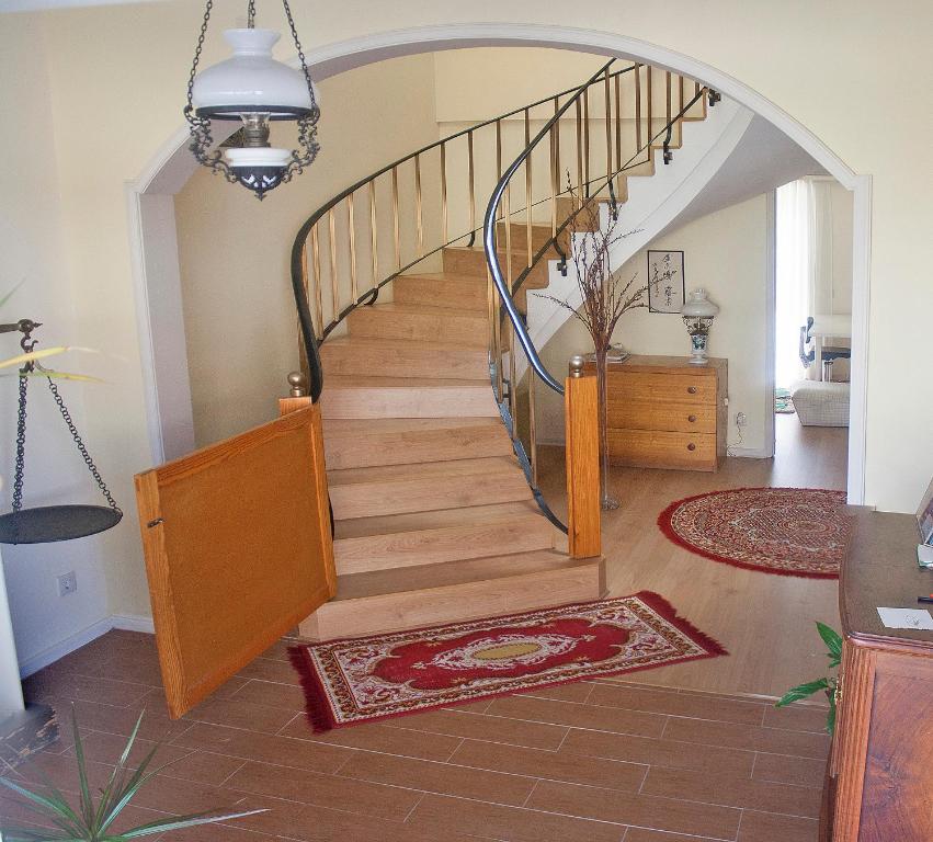 een houten trap in een woonkamer met een tapijt bij Burgo's House in Porto