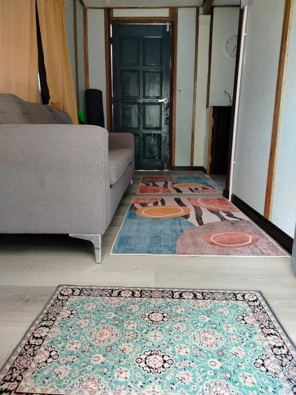 a living room with a rug in front of a door at Tokpa Tokma's Haven in Jertih
