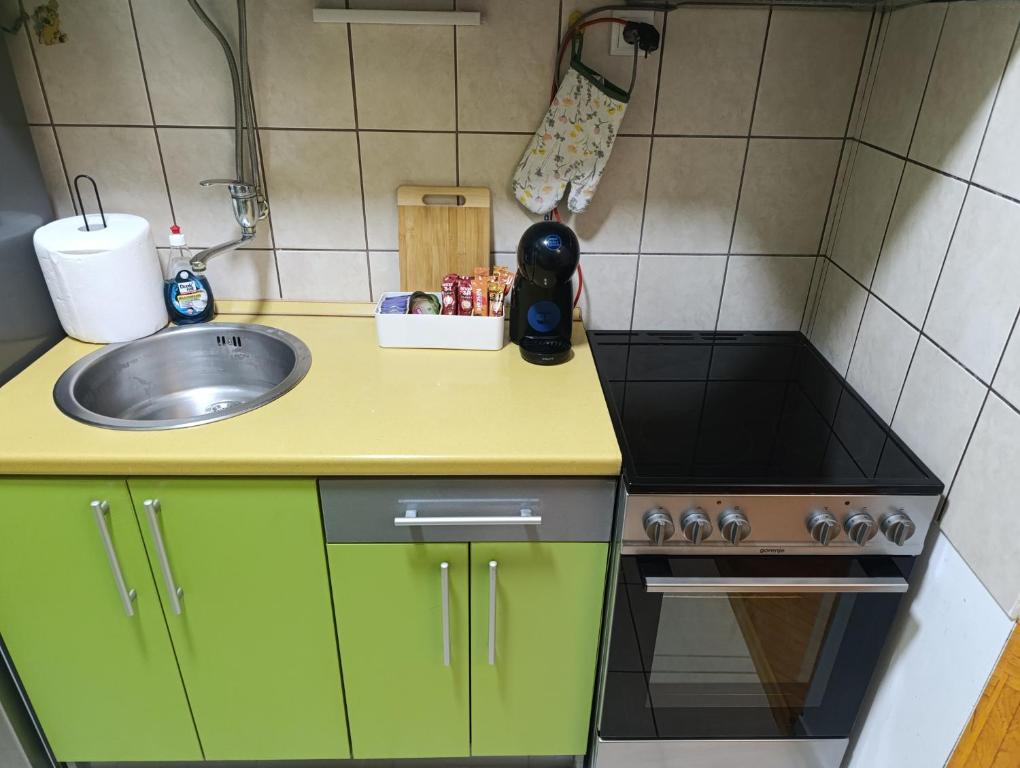 een kleine keuken met groene kasten en een spoelbak bij Apartman 32 in Inđija