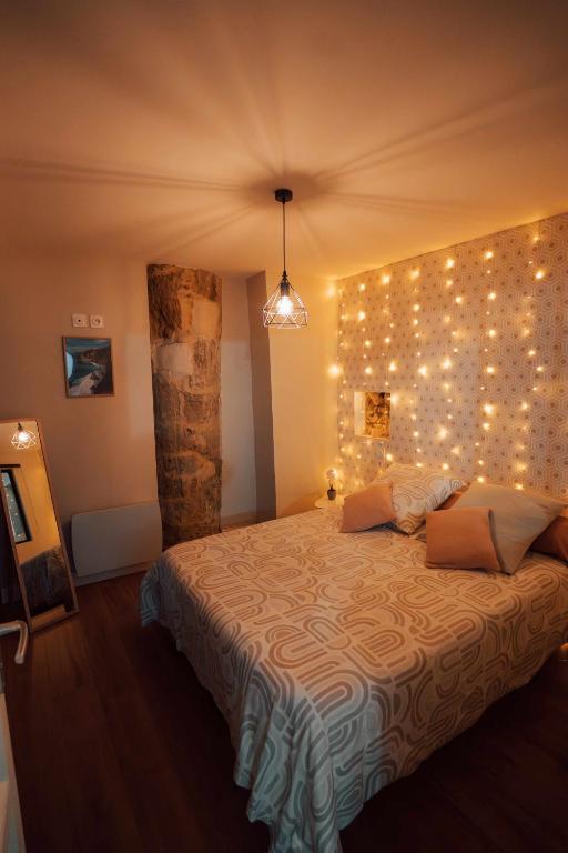 een slaapkamer met een bed met verlichting aan de muur bij Ancien Cloître rénové - Hyper centre - T2 de 50m2 in Mont-de-Marsan