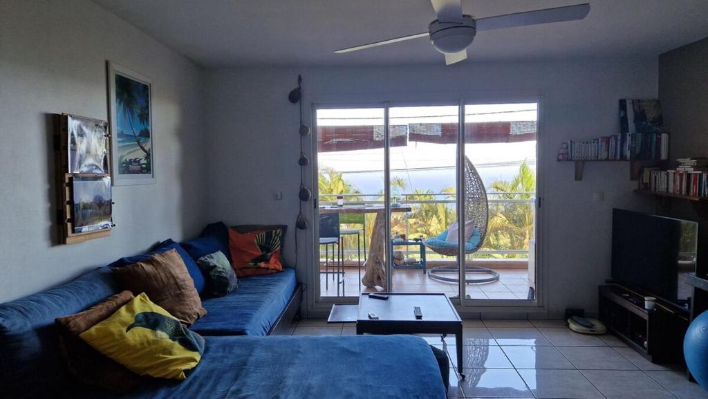 ein Wohnzimmer mit einer blauen Couch und einem Fernseher in der Unterkunft Petit jardin suspendu in Petite Île
