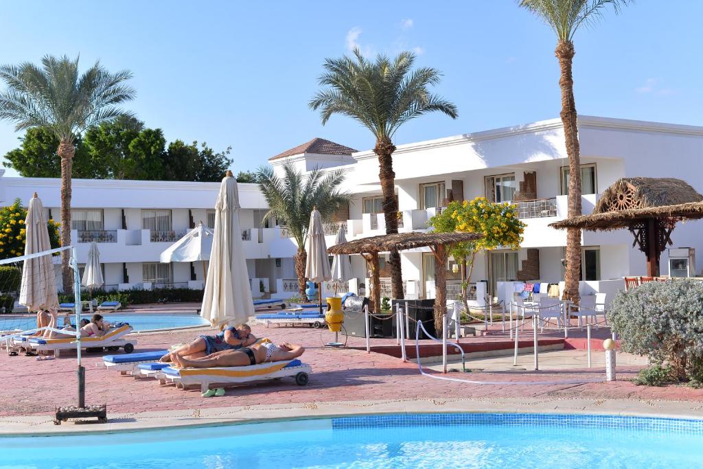 Eine Gruppe von Menschen lag auf Liegestühlen neben einem Pool. in der Unterkunft Viva Suites Sharm El Sheikh in Sharm El Sheikh