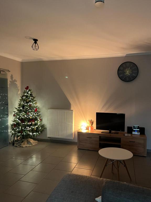 un soggiorno con albero di Natale e TV di Aurelia a Zemst