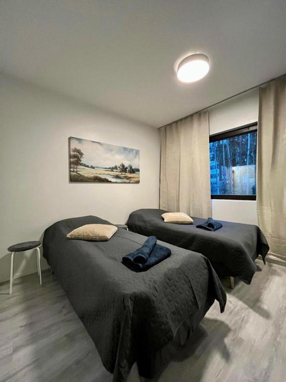 two beds sitting in a room with a window at Modern studio apartment with free parking in Kuopio