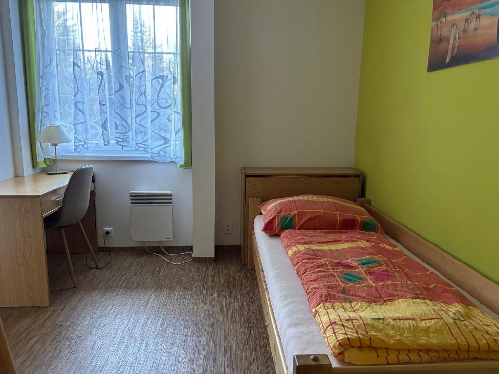 ein Schlafzimmer mit Bett, Schreibtisch und Fenster in der Unterkunft Karlov pod Pradědem Apartmány Orbit in Karlov