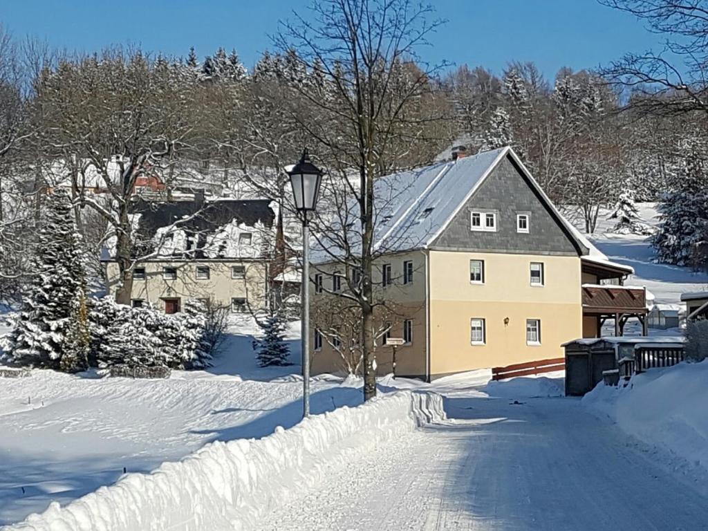 een huis met een straatlicht in de sneeuw bij Ferienwohnung Reinhardt Steinhübel in Kurort Seiffen
