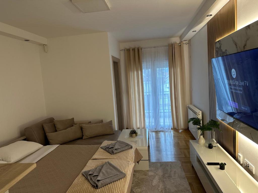 een woonkamer met een bank en een televisie bij Cetral032 in Čačak