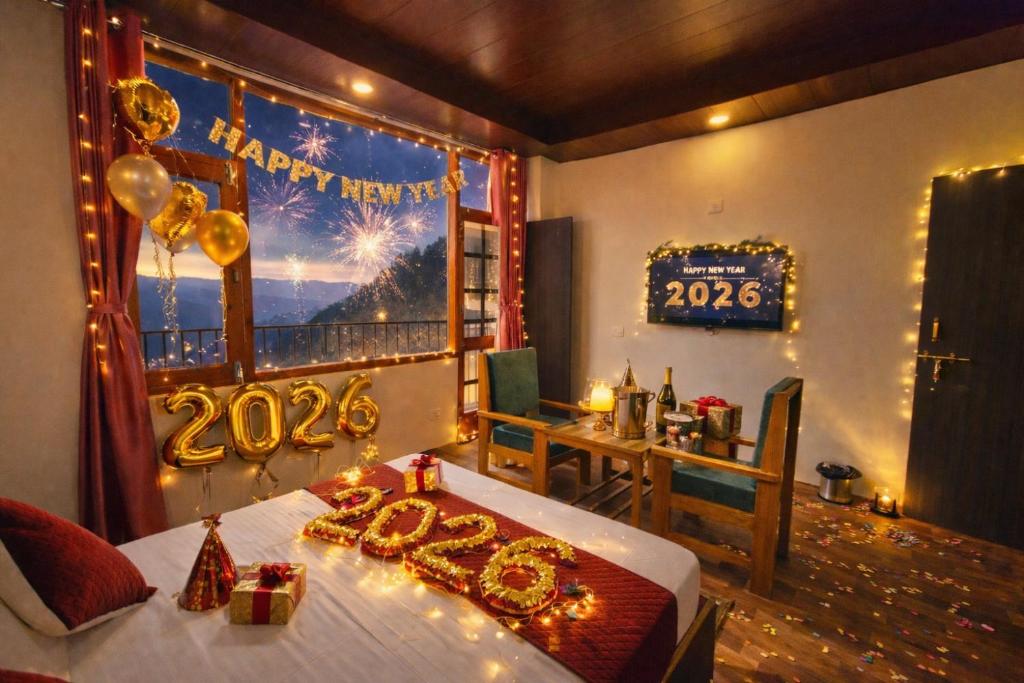 een kamer met een nieuwjaarsbord aan de muur bij Hotel Royal Cedar Simla in Shimla