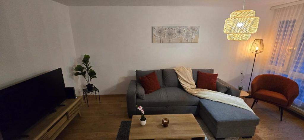 a living room with a couch and a table at Appartement cosy a Erlach - Lac de Bienne in Erlach