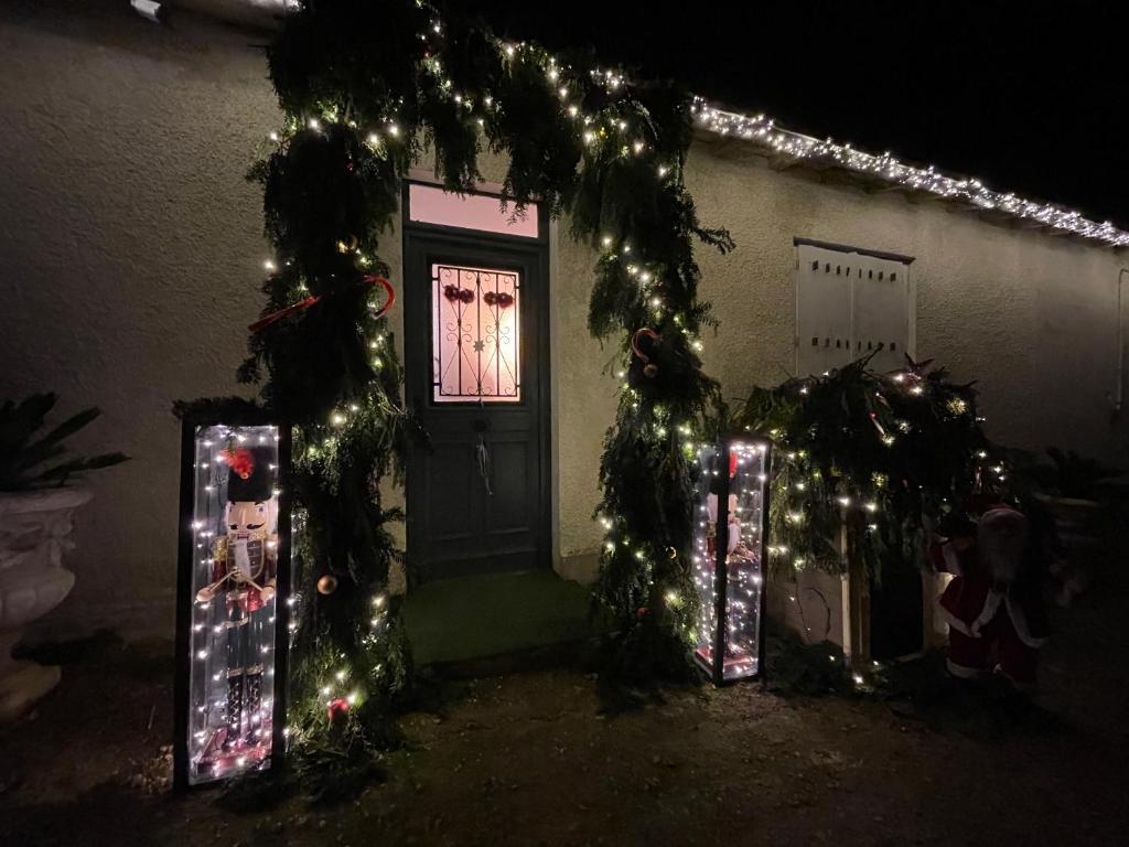 une maison avec des lumières de Noël devant une porte dans l'établissement Petite maison plain-pied climatisé, à Migné-Auxances