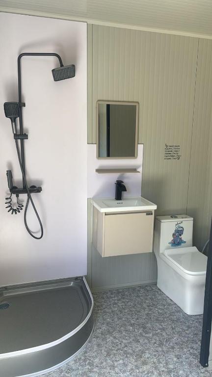 a bathroom with a sink and a toilet and a tv at Cosy studio in Port Louis