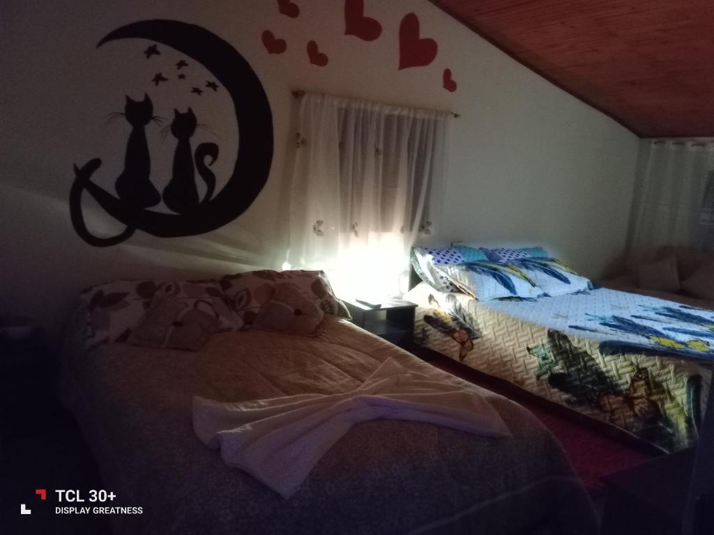 una camera con due letti con gatti appesi al muro di Ecuturisticos Barbacoa casa de la luna a Cáqueza
