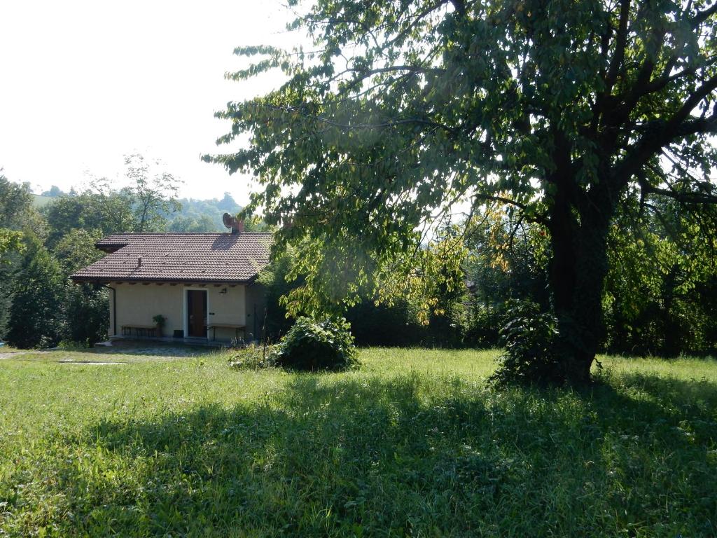 uma pequena casa branca com uma árvore num campo em Casa in campagna da Franco em Dronero