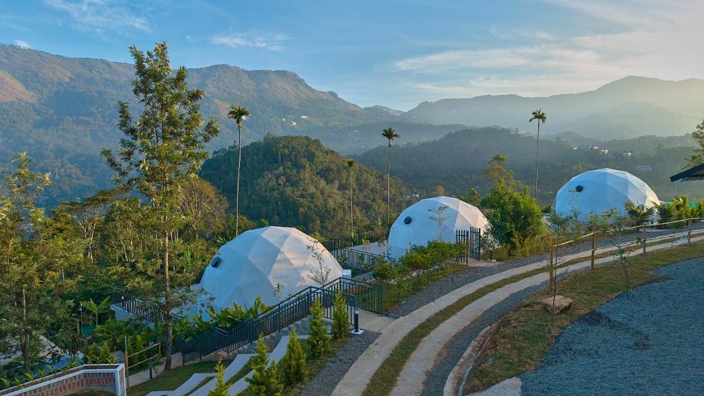 a group of domes with palm trees and mountains at Astara Munnar in Munnar