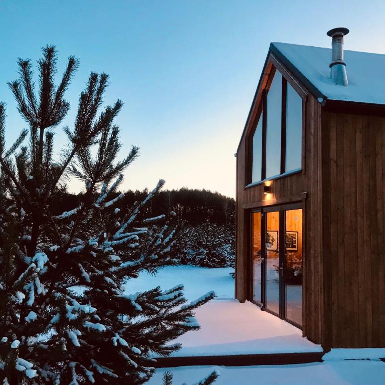 a cabin in the snow with a christmas tree at Przyjedź Tutaj in Maków Mazowiecki