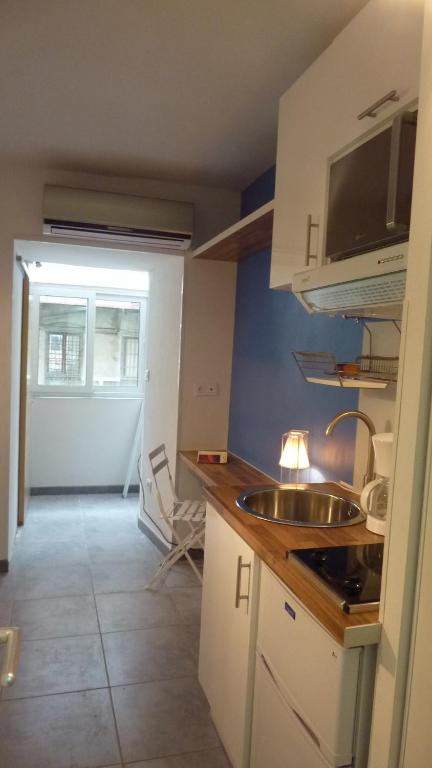 a small kitchen with a sink and a microwave at Studio meublé Centre ville in Bastia