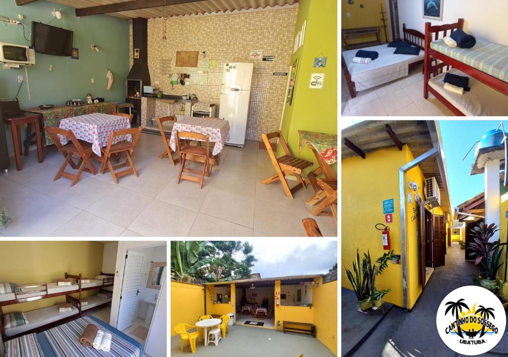 un collage de photos d'une cuisine et d'un salon dans l'établissement Suítes Cantinho do Sossego Ubatuba, à Ubatuba