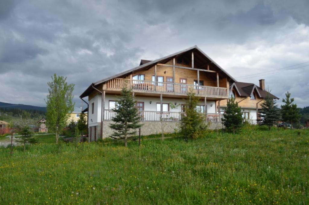 een groot huis op een heuvel in een veld bij Pensiunea Arina in Vatra Dornei