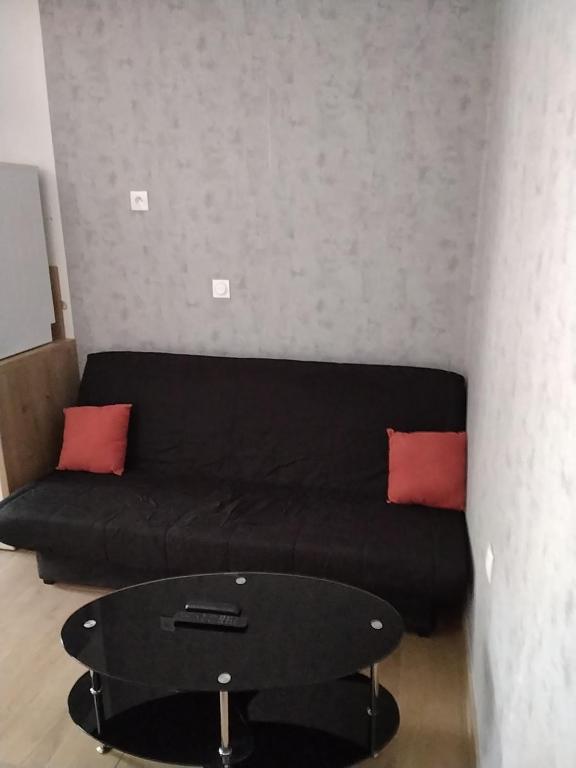 eine schwarze Couch mit zwei roten Kissen in einem Zimmer in der Unterkunft Le repos beaurepairien in Beaurepaire