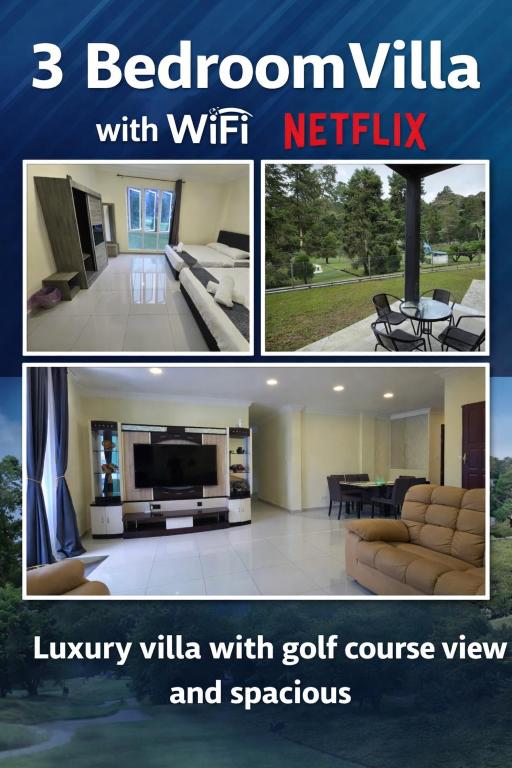 a collage of three pictures of a living room with a tv at Teeview Homes 9A in Tanah Rata