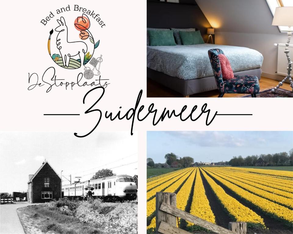 a collage of photos with a bed and a field of flowers at Complete studio de Stopplaats dichtbij Hoorn en Alkmaar in Zuidermeer