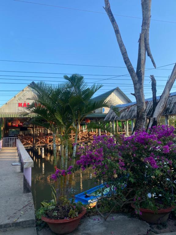 Xóm MũiHomestay Hải Nam Đất Mũi的一个拥有棕榈树和鲜花池塘的度假村